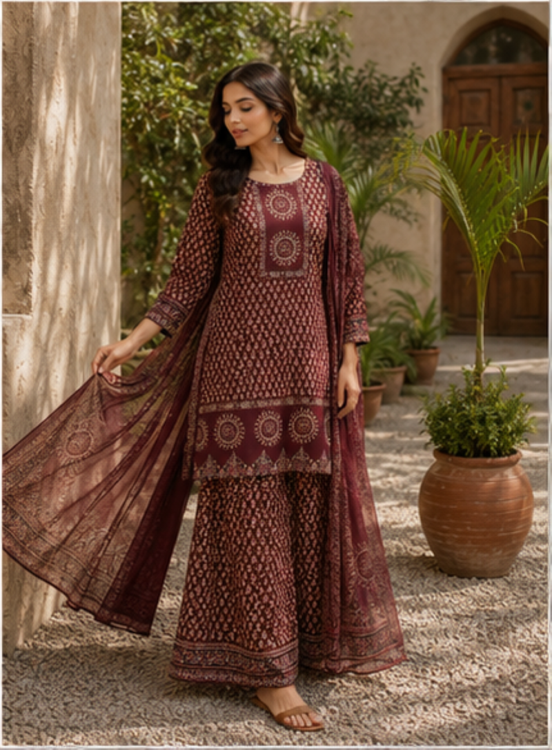 Cotton printed short kurti-palazzo pant-dupatta set