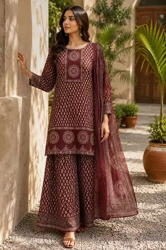 Cotton printed short kurti-palazzo pant-dupatta set