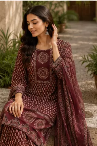 Cotton printed short kurti-palazzo pant-dupatta set