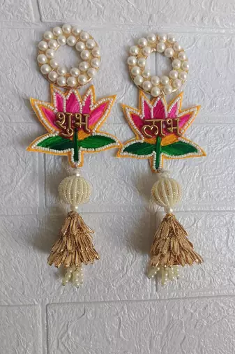shubh labh lotus patch door hanging embroidered home pooja room festive decor (pack of 2)