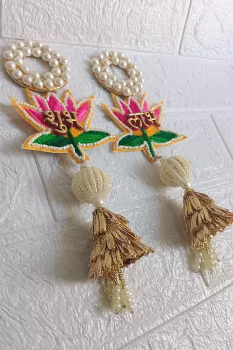 shubh labh lotus patch door hanging embroidered home pooja room festive decor (pack of 2)