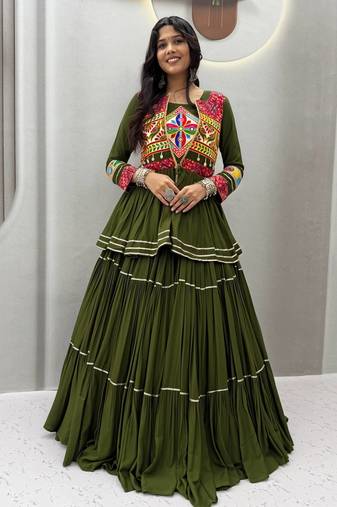 Mahendi Green Color Heavy gamthi work Cotton Navratri Lahenga Choli Set