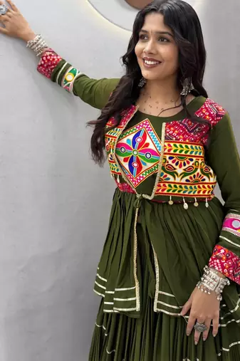 Mahendi Green Color Heavy gamthi work Cotton Navratri Lahenga Choli Set