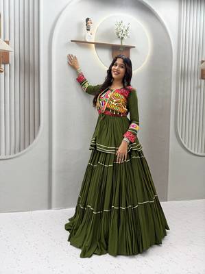 Mahendi Green Color Heavy gamthi work Cotton Navratri Lahenga Choli Set 3