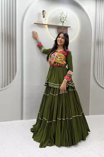 Mahendi Green Color Heavy gamthi work Cotton Navratri Lahenga Choli Set