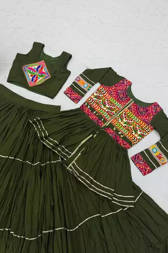 Mahendi Green Color Heavy gamthi work Cotton Navratri Lahenga Choli Set