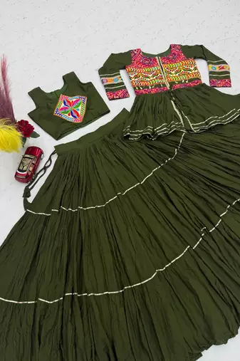 Mahendi Green Color Heavy gamthi work Cotton Navratri Lahenga Choli Set