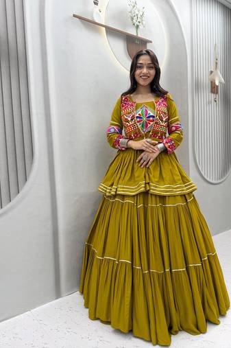 Olive Heavy gamthi work Cotton Navratri Lahenga Choli Set