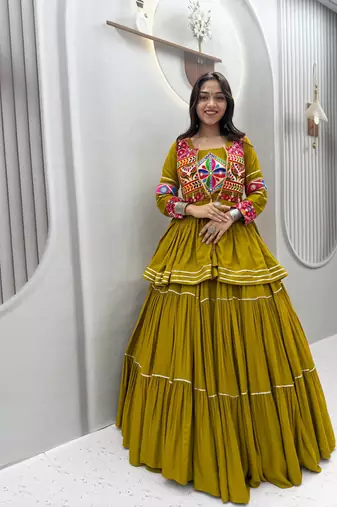 Olive Heavy gamthi work Cotton Navratri Lahenga Choli Set