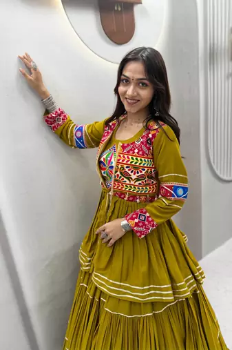 Olive Heavy gamthi work Cotton Navratri Lahenga Choli Set