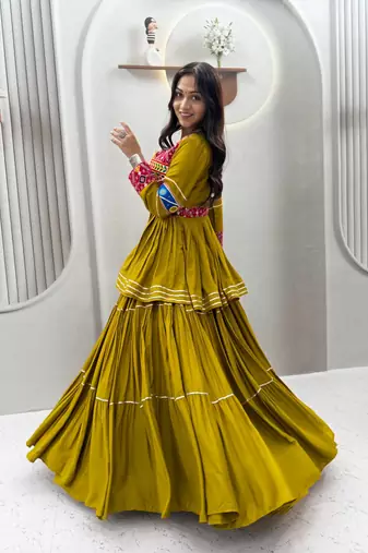 Olive Heavy gamthi work Cotton Navratri Lahenga Choli Set