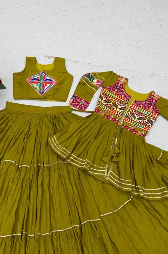 Olive Heavy gamthi work Cotton Navratri Lahenga Choli Set