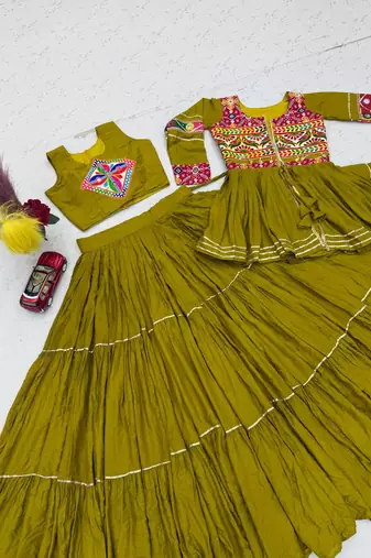 Olive Heavy gamthi work Cotton Navratri Lahenga Choli Set