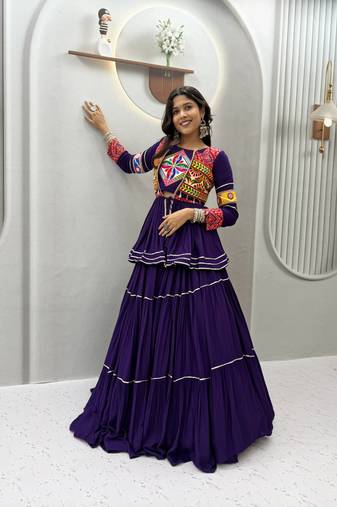 Purple Heavy gamthi work Cotton Navratri Lahenga Choli Set