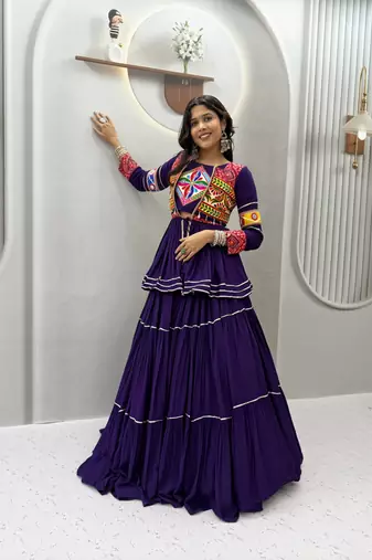Purple Heavy gamthi work Cotton Navratri Lahenga Choli Set