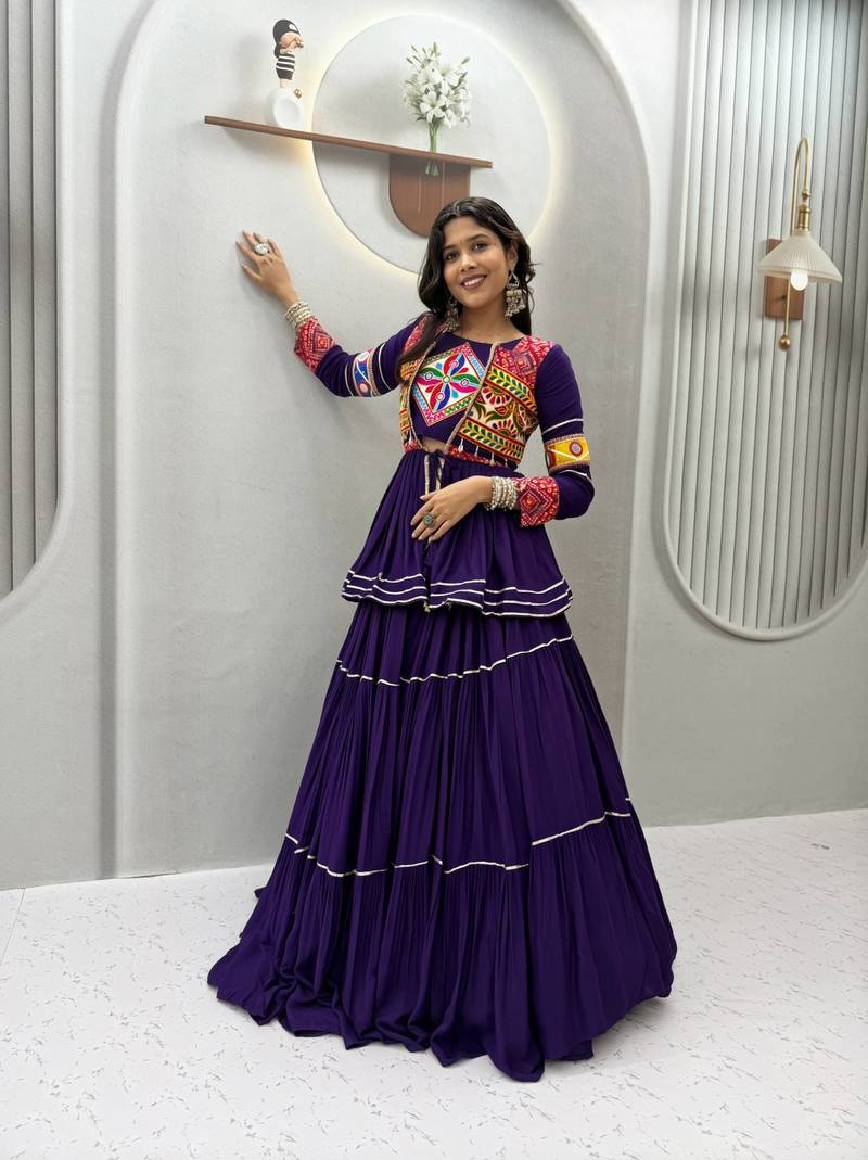 Purple Heavy gamthi work Cotton Navratri Lahenga Choli Set