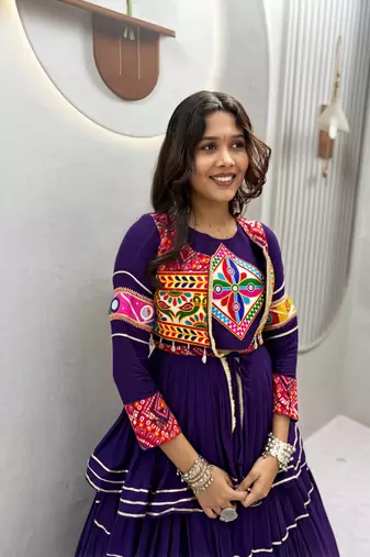 Purple Heavy gamthi work Cotton Navratri Lahenga Choli Set