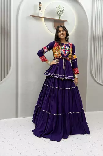 Purple Heavy gamthi work Cotton Navratri Lahenga Choli Set