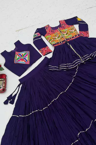 Purple Heavy gamthi work Cotton Navratri Lahenga Choli Set
