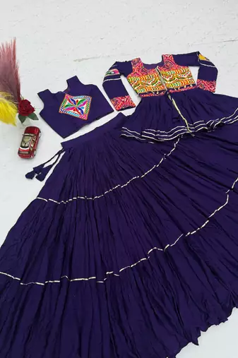 Purple Heavy gamthi work Cotton Navratri Lahenga Choli Set