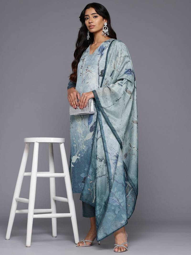 Floral Printed Regular Gotta Patti Kurta With Trousers & Dupatta