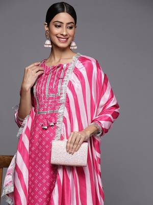 Women Pink Bandhani Printed Kurta with Trousers & With Dupatta 2