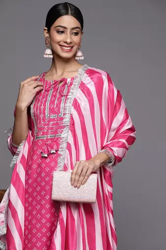 Women Pink Bandhani Printed Kurta with Trousers & With Dupatta