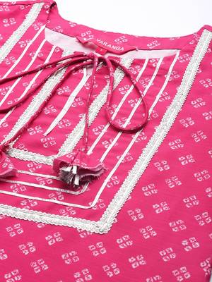 Women Pink Bandhani Printed Kurta with Trousers & With Dupatta 3