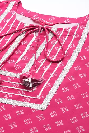 Women Pink Bandhani Printed Kurta with Trousers & With Dupatta