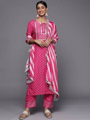 Women Pink Bandhani Printed Kurta with Trousers & With Dupatta 1