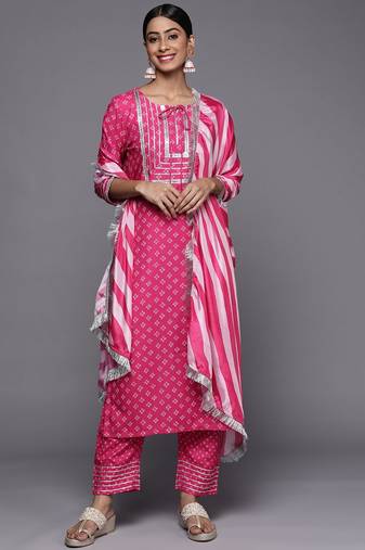 Women Pink Bandhani Printed Kurta with Trousers & With Dupatta