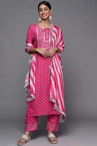 Women Pink Bandhani Printed Kurta with Trousers & With Dupatta