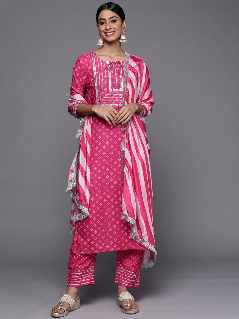 Women Pink Bandhani Printed Kurta with Trousers & With Dupatta