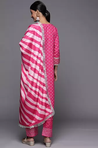 Women Pink Bandhani Printed Kurta with Trousers & With Dupatta