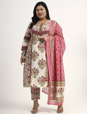 pink and beige cotton floral sequins work kurta dupatta set 1