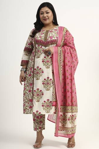 pink and beige cotton floral sequins work kurta dupatta set