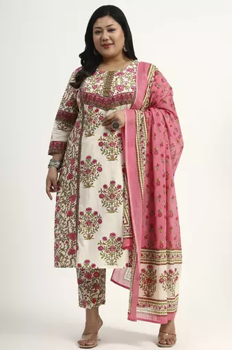 pink and beige cotton floral sequins work kurta dupatta set