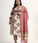 pink and beige cotton floral sequins work kurta dupatta set