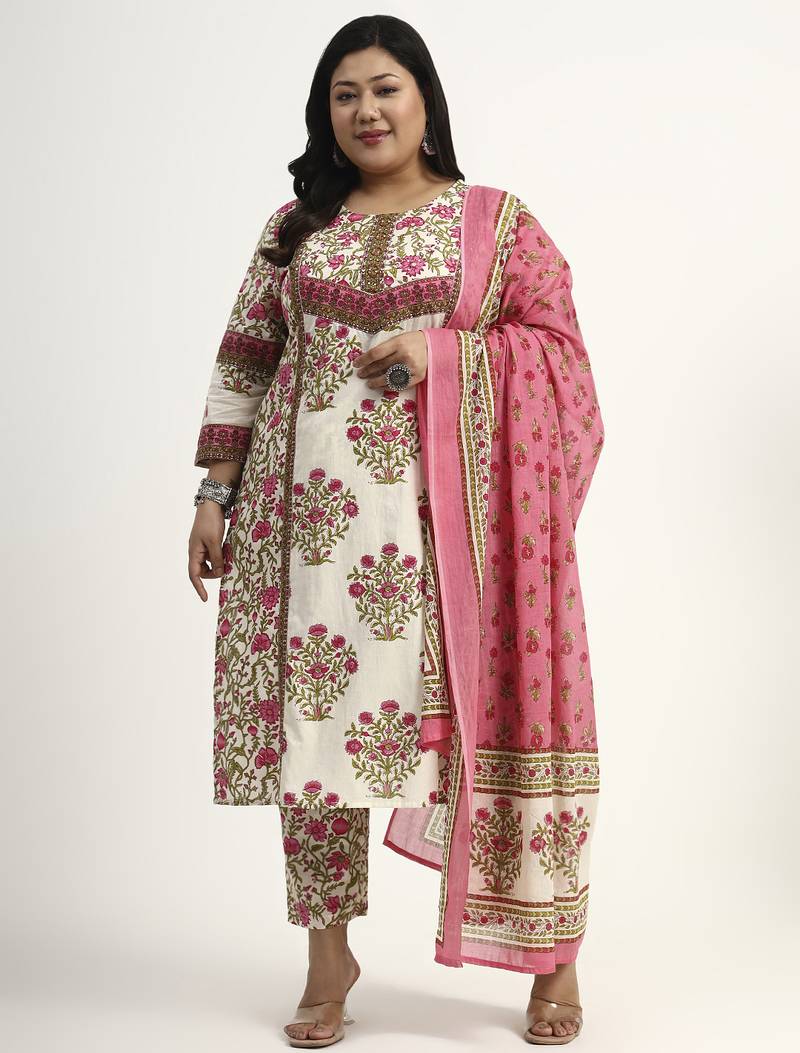 pink and beige cotton floral sequins work kurta dupatta set