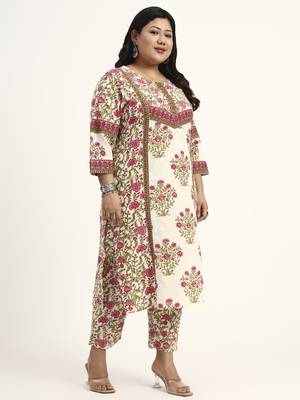 pink and beige cotton floral sequins work kurta dupatta set 2