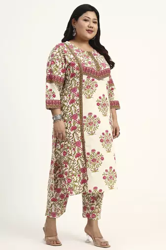pink and beige cotton floral sequins work kurta dupatta set
