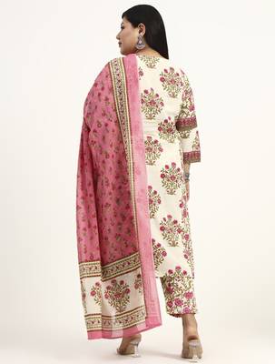 pink and beige cotton floral sequins work kurta dupatta set 3