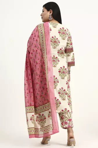 pink and beige cotton floral sequins work kurta dupatta set