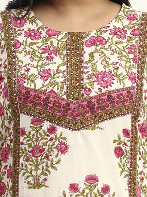 pink and beige cotton floral sequins work kurta dupatta set 4