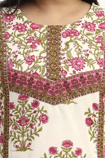 pink and beige cotton floral sequins work kurta dupatta set