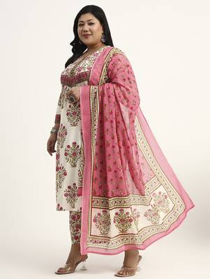 pink and beige cotton floral sequins work kurta dupatta set 5