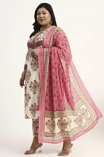 pink and beige cotton floral sequins work kurta dupatta set
