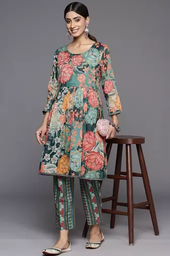 Women Floral Printed Regular Beaded Pure Cotton Kurta with Trousers