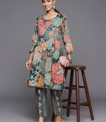 Women Floral Printed Regular Beaded Pure Cotton Kurta with Trousers