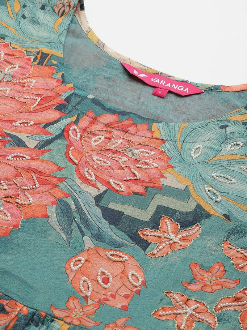 Women Floral Printed Regular Beaded Pure Cotton Kurta with Trousers